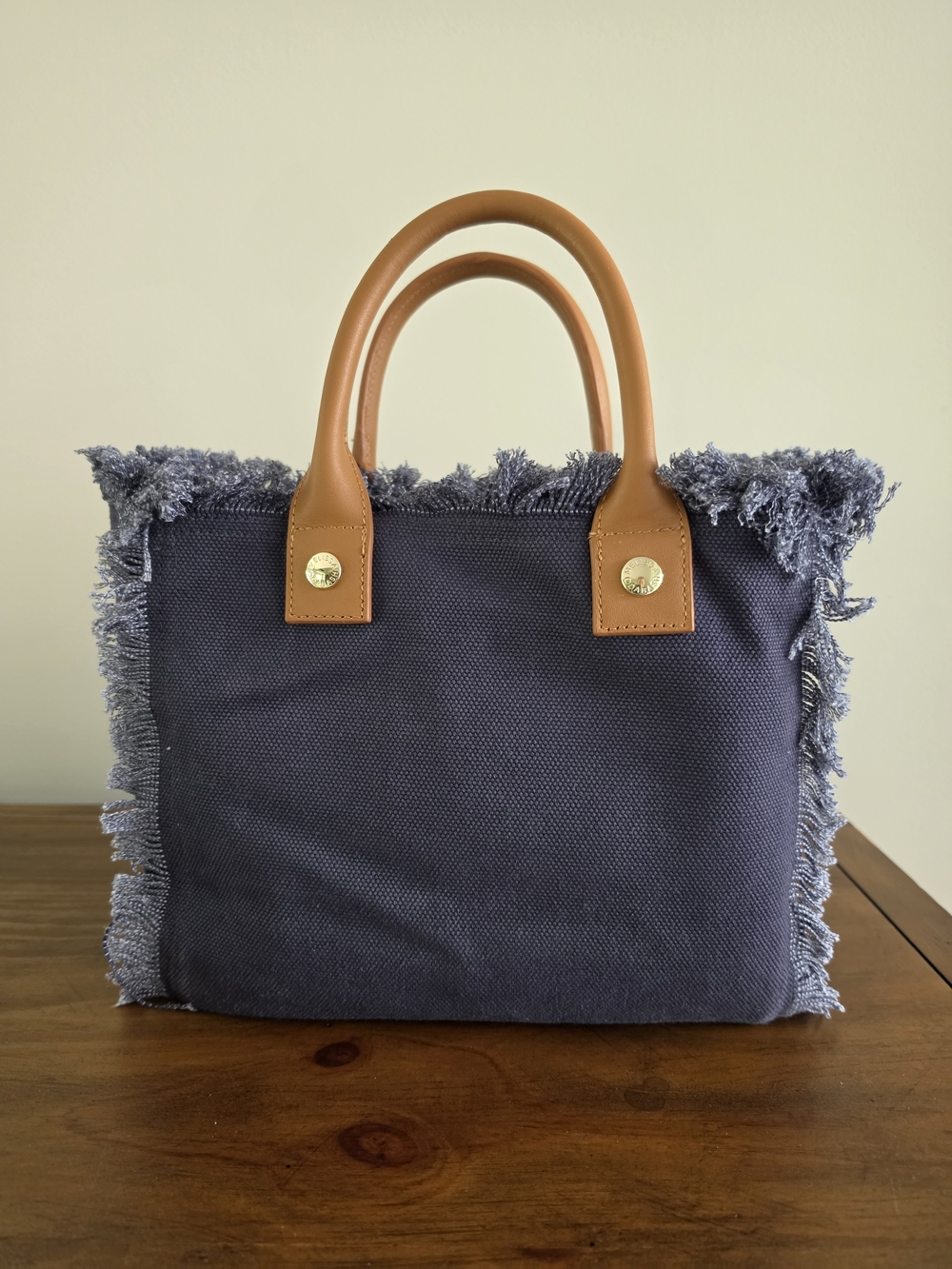 Melissa Odabash Navy Porto Cervo Fringed Mini Tote with Tan Leather Handles
